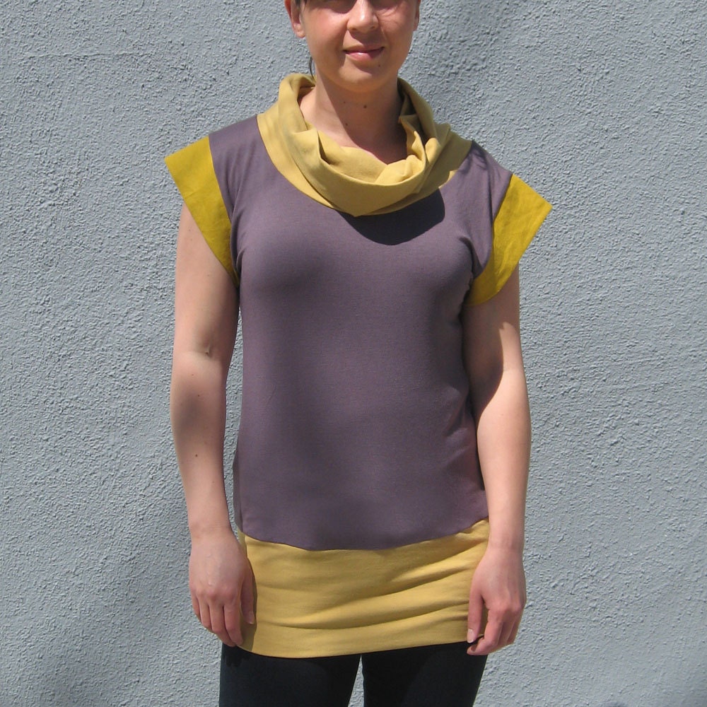 READY TO SHIP Cotton Cowl Tee with Linen Cap Sleeves in Mustard S/M