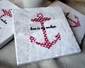 Heart Anchor Tile Coasters, Magenta Pink, Set of 4, Ready to Ship