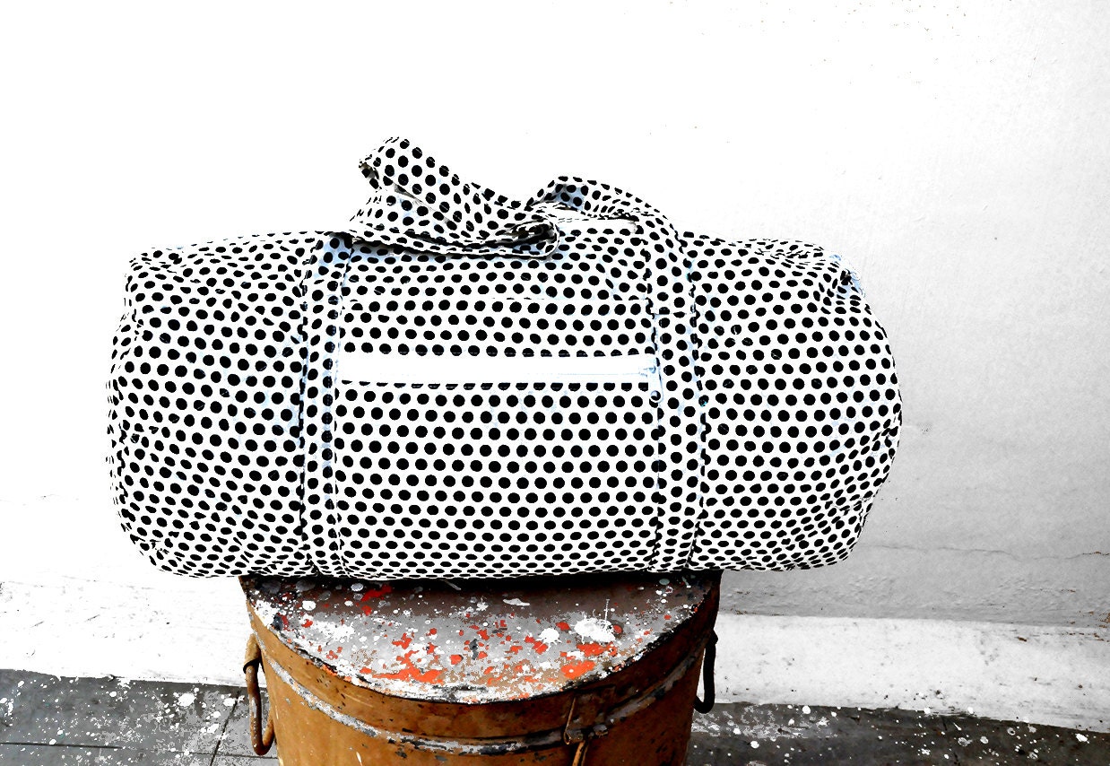 Quilted Duffle bag in Black with White Polka Dot print.
