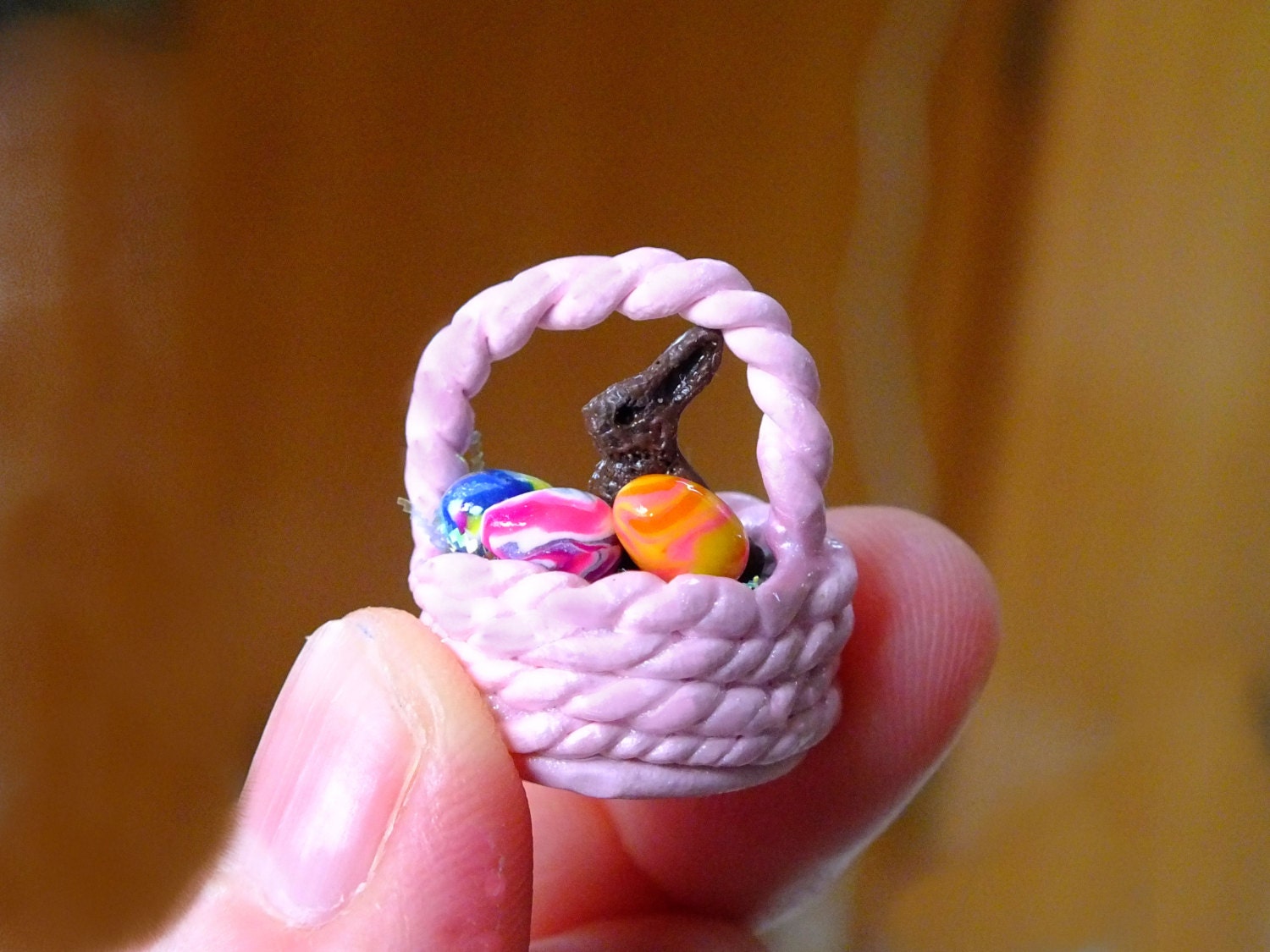 Dollhouse Miniature Pink Easter Basket with Easter Eggs  Chocolate Bunny and tiny Yellow fuzzy chick 1:12 Scale Dollhouse Miniature OOAK