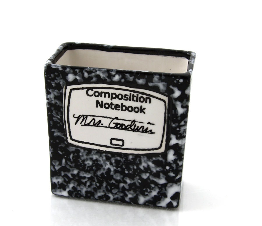 Personalized teacher gift pencil holder with composition notebook pattern also great for graduation gift