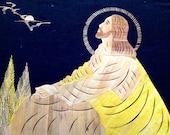 Jesus Christ praying before ascending to heaven.  Handmade leaf art.  Easter gift for the religious Christians