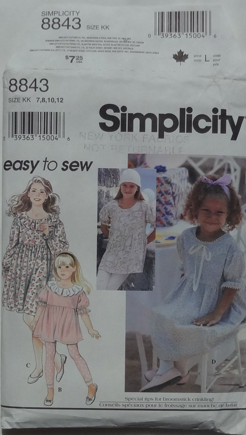 Simplicity 8843 Sewing Pattern Girls' & Child's Dress or Tunic and Leggings  Size 7, 8, 10, 12