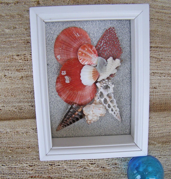 BEACH DECOR SHELL arrangement, coastal, nautical, coral orange, white shadow box