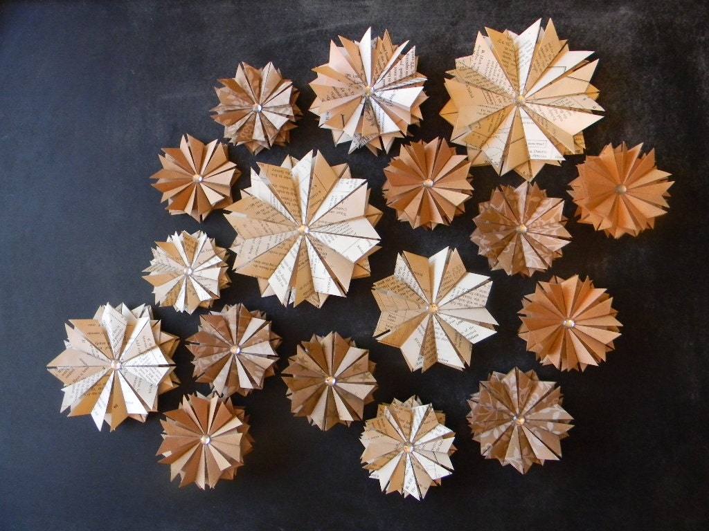 Shooting Stars 17 Paper Star Ornaments Assortment Vintage Book Pages-Brown Paper- White Floral Design- Gold Star MADE TO ORDER