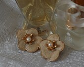 Kramer Pansy Earrings, Cream & Sugar Coated Pretties, Bright Gold Plating, Faux Pearl, Excellent Condition