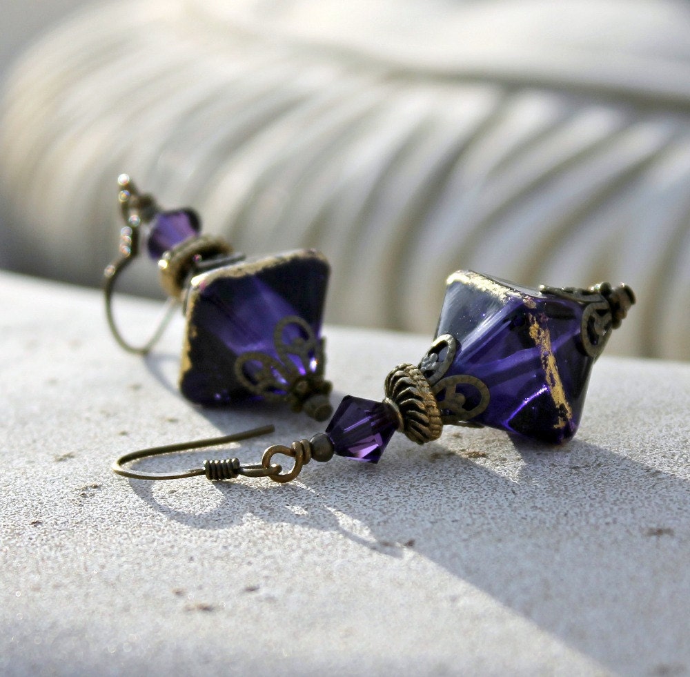 May Sale 10% off - Dark Violet  Lampwork Drop Earrings - Handmade, Glass, Antique Brass, Dangle, Indigo