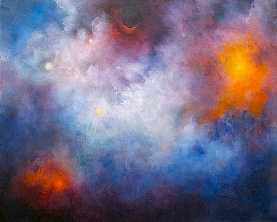 Eclipse,  Night Sky, Eclipse Of The Moon, Abstract Astronomy Skyscape Oil Painting by Marina Petro
