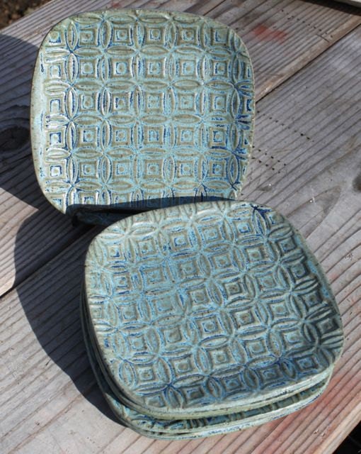 Bridges Pottery Set of FOUR (4) patterned square plates Mossy Electric Blue In Stock - Ready to Ship