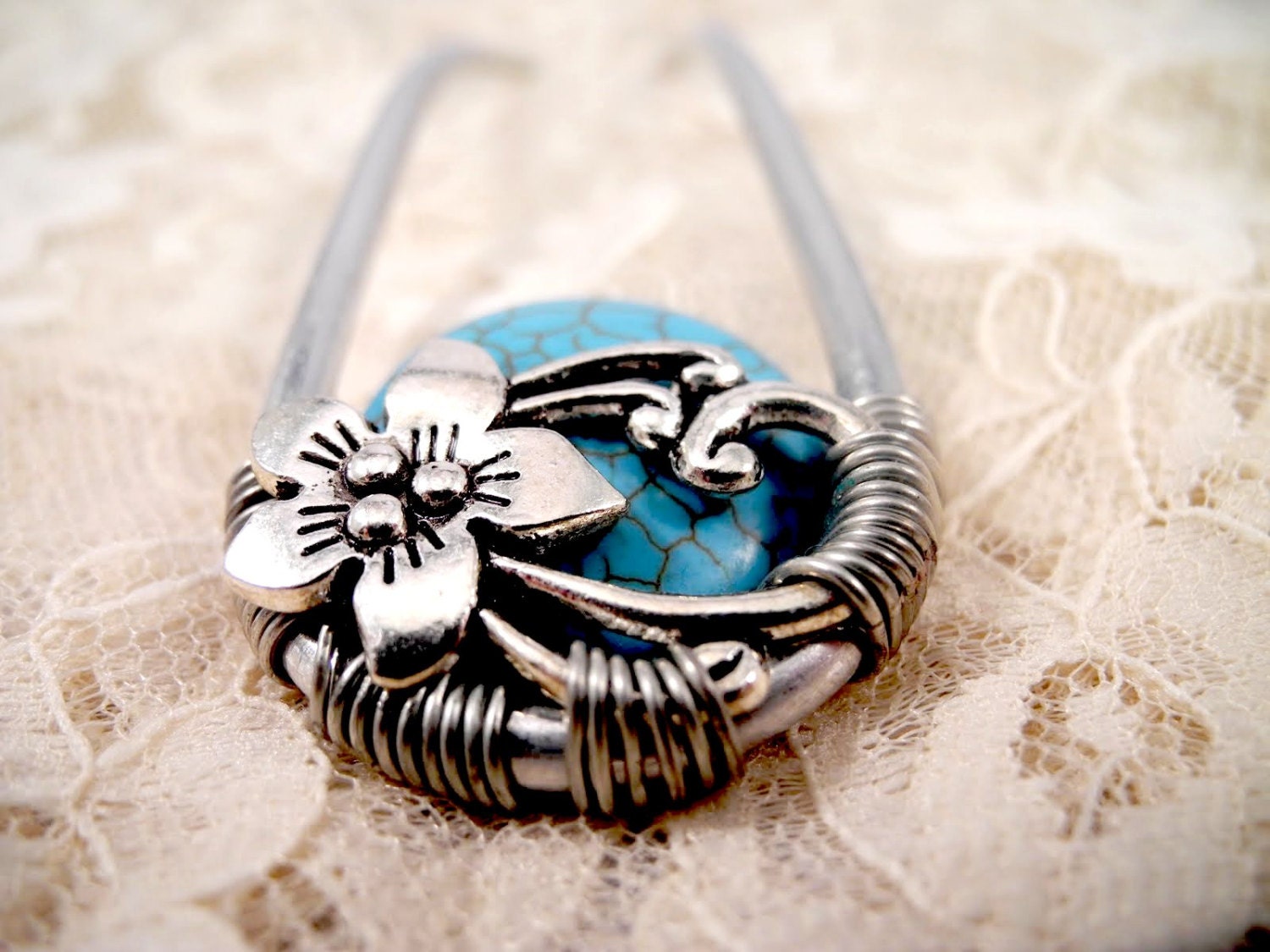 Made to Order Metal Hair Fork - floral, blue crackle magnesite stone, silver tone hair pin, hair stick, hair jewelry