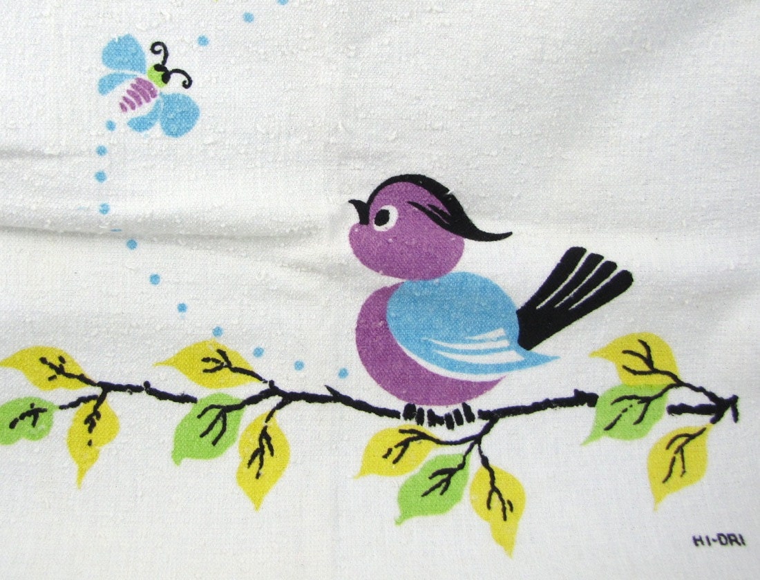 Feathered Friends - Vintage 1950s Spring Birds & Bees Kitchen Towel by Hi-Dri - Lavender, Baby Blue, Spring Green, and Lemon Yellow Palette