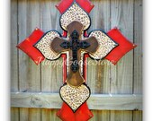X-Large Wall CROSS - 4 layers - antiqued red & leopard