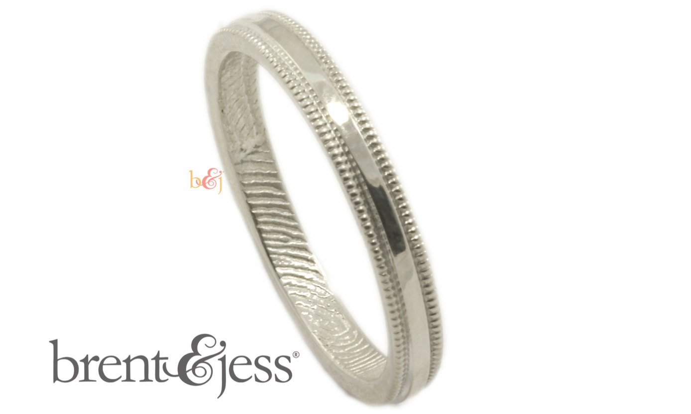 Traditional narrow milgrain edge fingerprint wedding band in sterling
