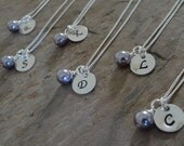 Set of 6 Bridesmaid Necklaces - Personalized Initial Charm Necklace - Pink Crystal Bride Jewelry - Sterling Silver - Handstamped Necklace