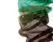 Ombre silk scarf.Hand painted silk chiffon scarf with golden stars.Woman fashion scarf in green and brown