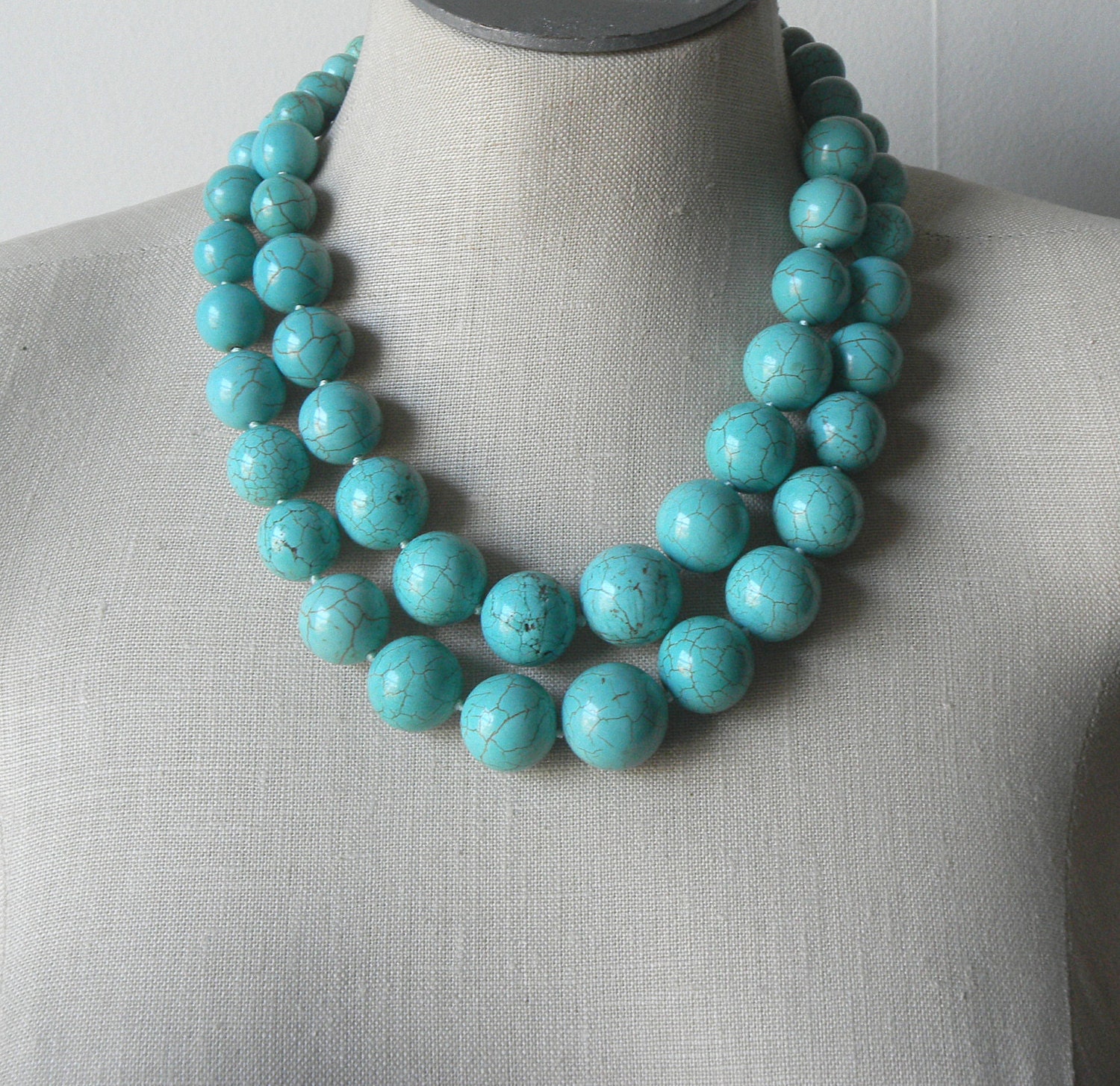 Turquoise Chunky  double strand necklace Sky Blue Bright Statement Hand knotted