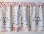 Pink Basket Embroidery Valance, Upcycle Cross Stitch, Window Treatment, Repurpose Dresser Scarf, Kitchen Curtain