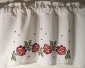 Cross Stitch Upcycled Valance, Recycle Rust Gold Green, Window Treatment, Floral Handmade Kitchen Curtain