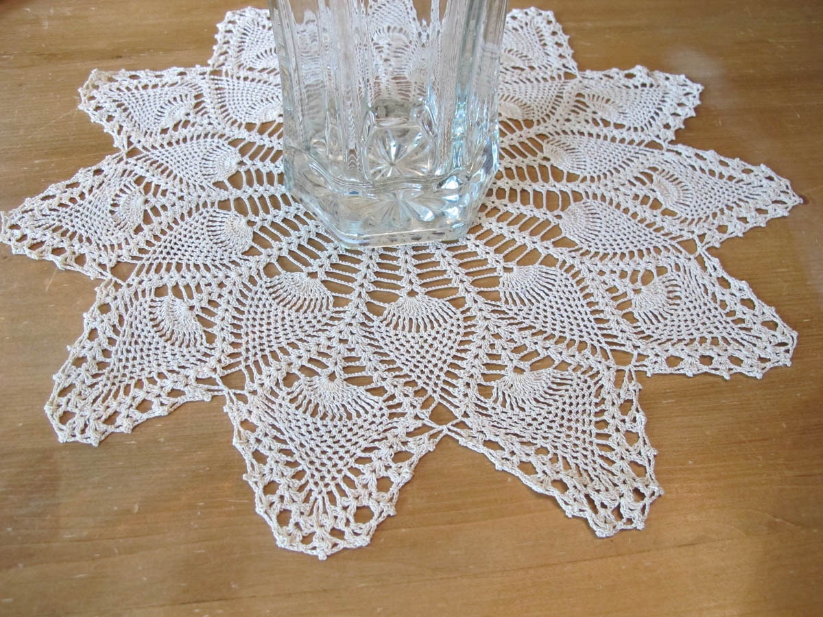 Large Crochet Table Round, Ecru Cotton Pineapple Pattern, Mid Century Home Decor