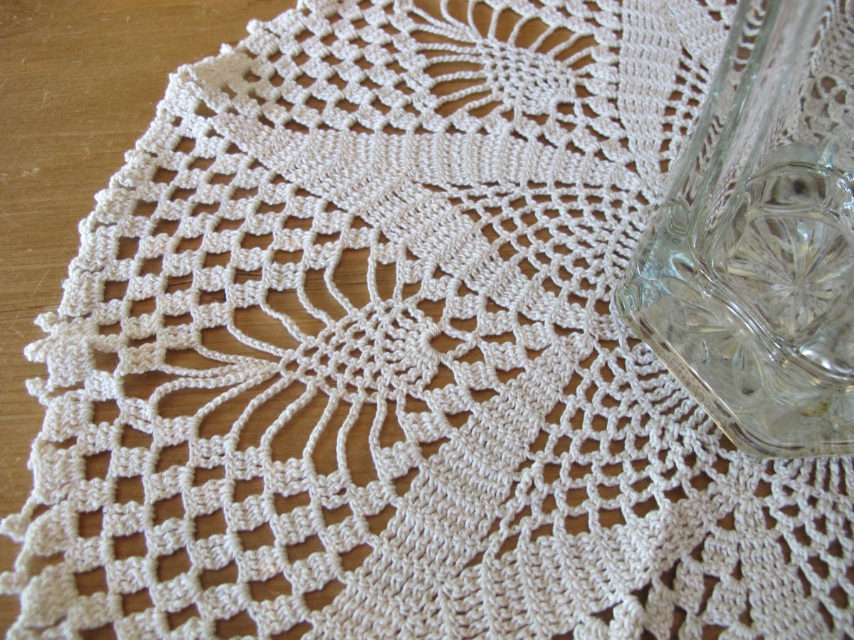 Large Crochet Table Round, Ecru Cotton Star Pattern, Mid Century Home Decor