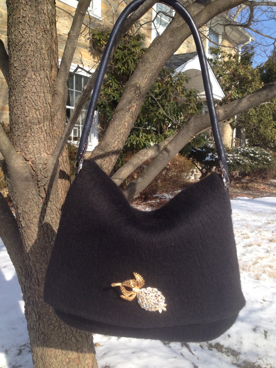 Black handbag purse hand knit felt  large wool