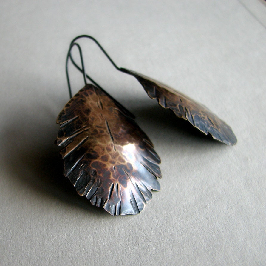 Brass feather earrings, hammered and hand cut metal, rustic boho earrings - Icarus