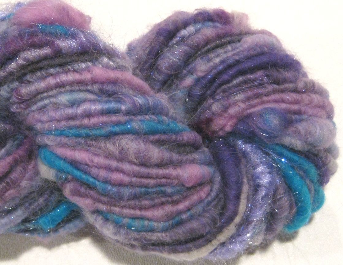 handspun sparkly corespun art yarn Purple Rain 86 yards  merino wool with firestar, glitz, silk knitting supplies crochet supplies