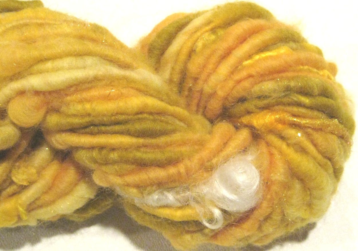 handspun sparkly corespun art yarn King Midas 44 yards gold yellow yarn merino wool silk sparkle