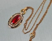 Vintage 1940 Red, Clear Rhinestone Pendant, Basse Taille Enameling, GF Chain
