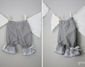 Grace bloomers, grey cotton, white lace, ruffle pants capri, pantaloons, baby girl, shabby chic, READY TO SHIP 12 m size