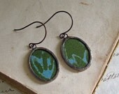 Olive Green and Aqua Batik Fabric Earrings Glass