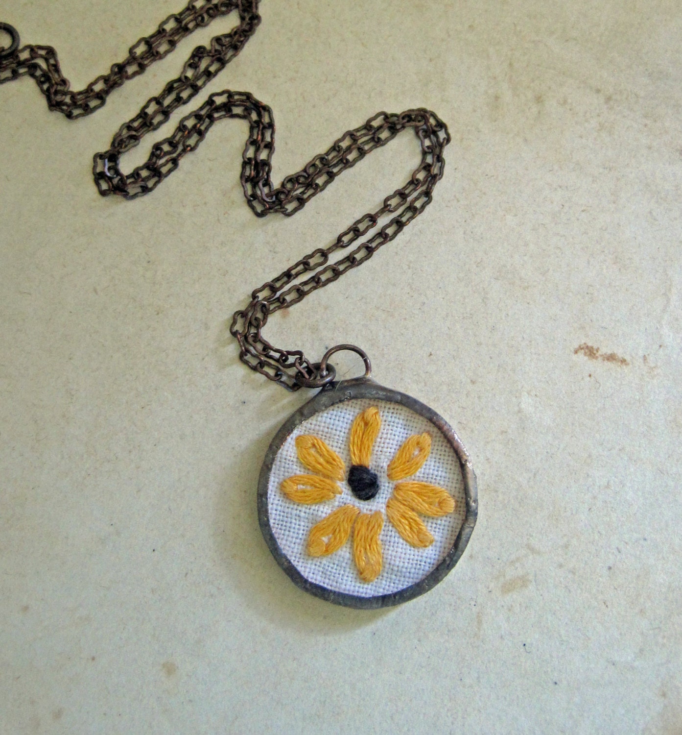 Black Eyed Susan Vintage Embroidered Fiber Necklace Jewelry