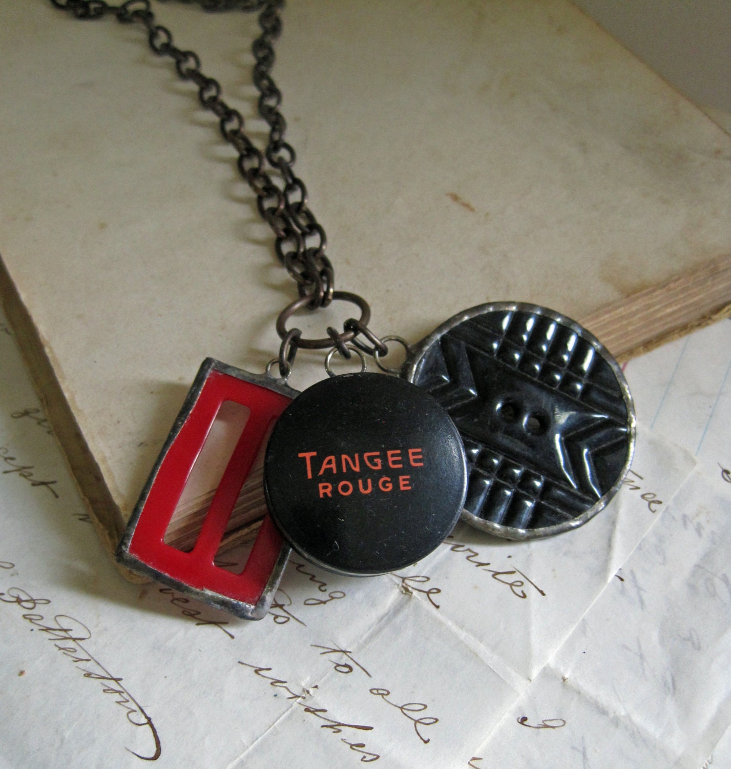 Rouge Tin Button Charm Necklace Vintage Jewelry