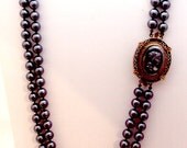 2 Strand Hematite Bead Convertible Cameo Pin Clasp Vintage Necklace