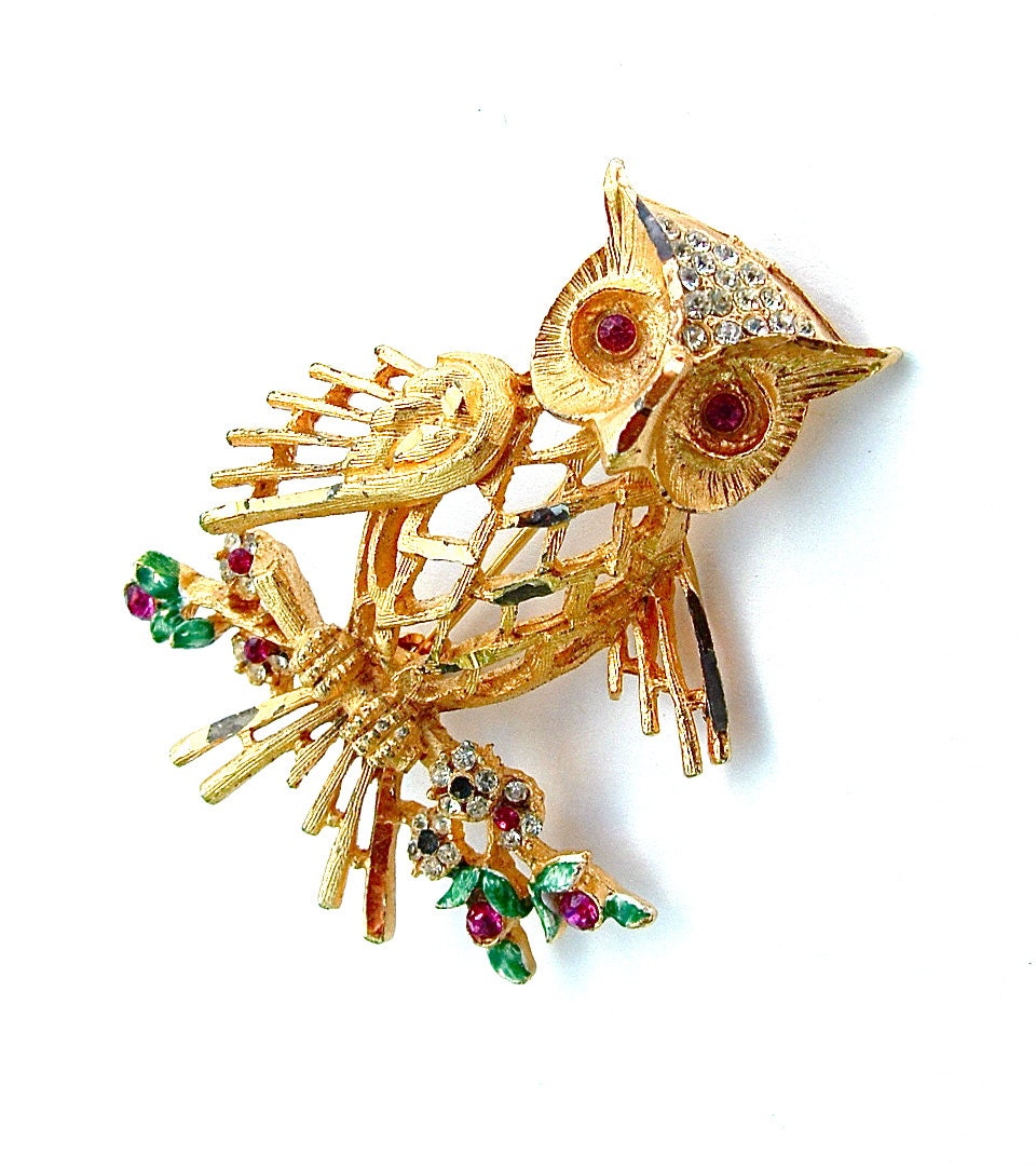 Designer Owl Brooch Rhinestone Owl Bird Jewelry Signed BSK, FREE US Shipping