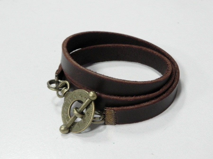 Brown Leather Bracelet Wrap Bracelet Leather Cuff  with Toggle Clasp
