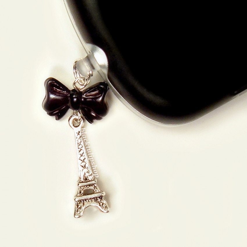 iPhone Cell Phone Charm Dust Plug Earphone Paris Eiffel Tower Black Bow