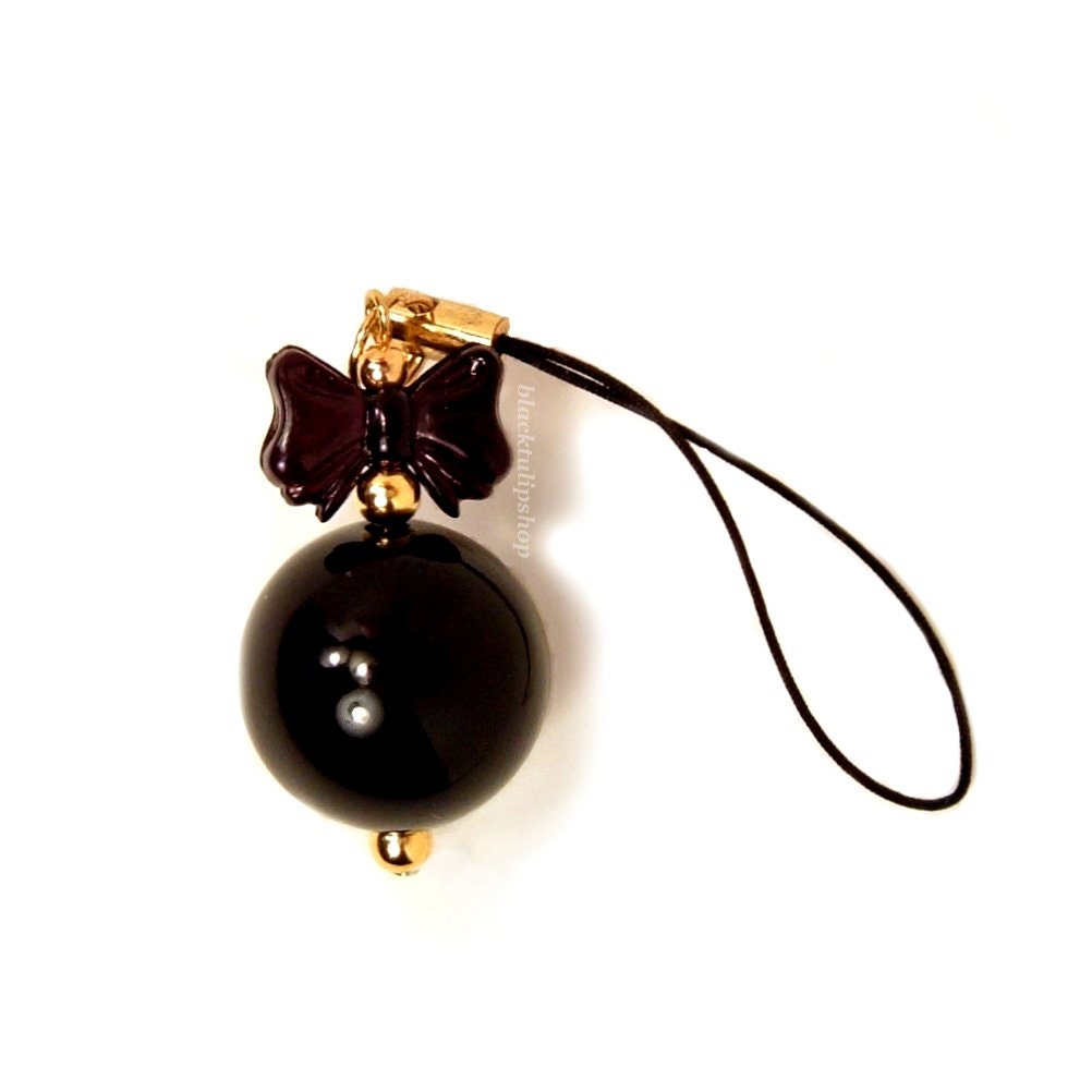 Classic Lolita Cell Phone Charm Zipper Pull Black Bow Jumbo Bead Gold Women Teen