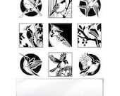 Birds Inchie Bundle, Nine smaller Inchie clear stamps with clear block by Inkadinkado