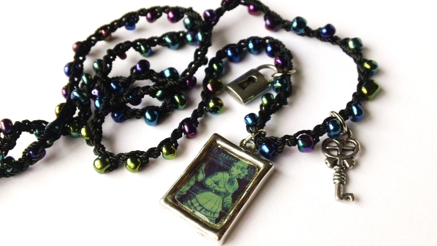 Crocheted Beaded 3-Charm Necklace with Vintage Style Lady Pendant -  Black, Green, Blue - 23"