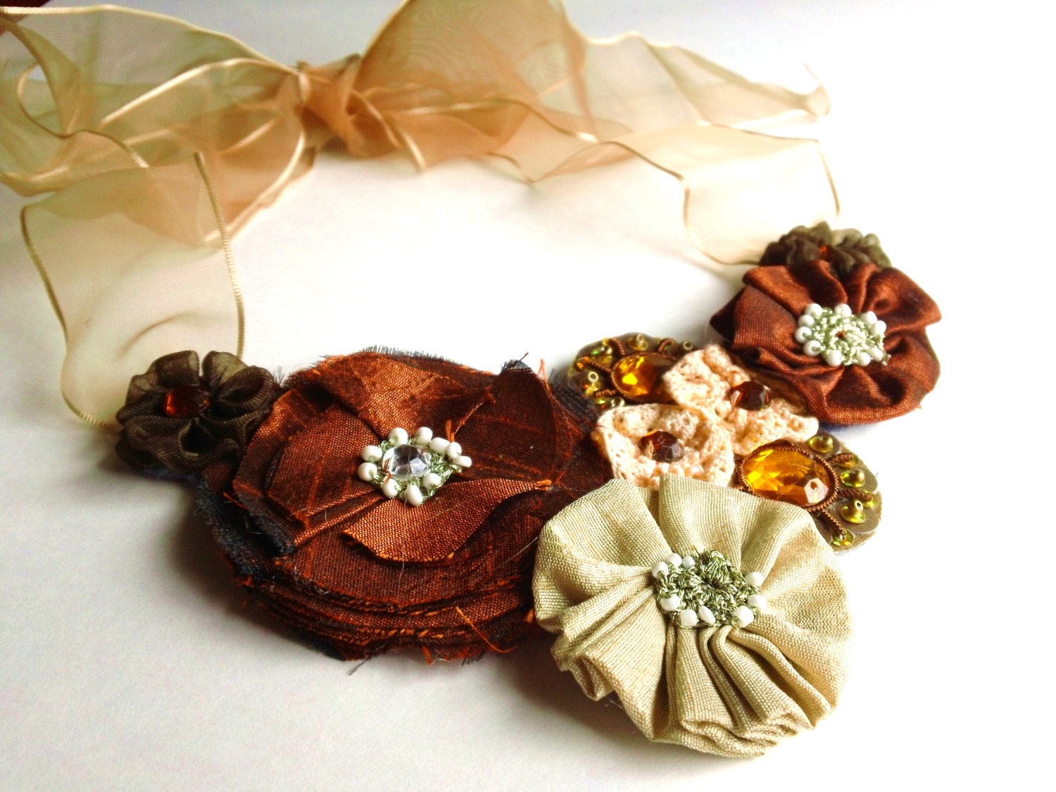 Fabric Flower Adjustable Statement Necklace with Sheer Ribbon Tie Closure - Brown, Cream, Orange
