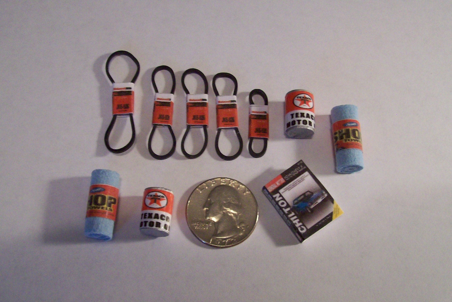 Garage Diorama Dollhouse Miniature OOAK - Shop Towels, Belts, Oil Cans, Repair Manual