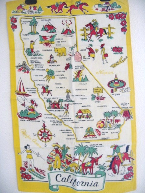 Vintage California State Map Souvenir Tea Towel- Yellow Cotton Souvenir Tea Towel-1950s