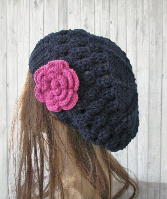 Winter Hand Knit Hat  Beehive beret  in  Navy Blue  Womens Hat  Flower  Slouchy Beanie Beret  Fall Autumn  Winter Accessories fashion