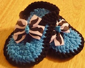 Crochet Baby Thong Sandals in Black and Turquoise with Mustache Print Bow