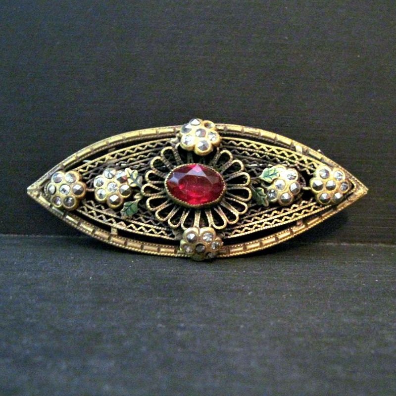 1930s Vintage Art Deco Brooch - Pin - Filigree - Large - Dark Pink - Green Enamel - Marcasites