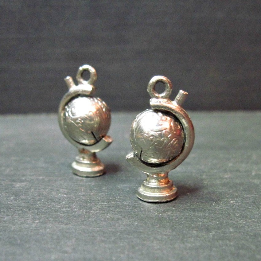 Pair of Vintage Globe Charms - World - Spinning - Silver Tone - 1940s-1950s