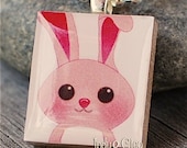 Pink Rabbit MISS BUNNY Handmade Kids Animal Scrabble Tile Art Pendant Charm Jewelry Necklace