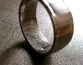 Handmade Fingerprint Wedding Ring in 14K White Gold with Glossy Rims Matte Center and Date Engraving Size 9/8mm