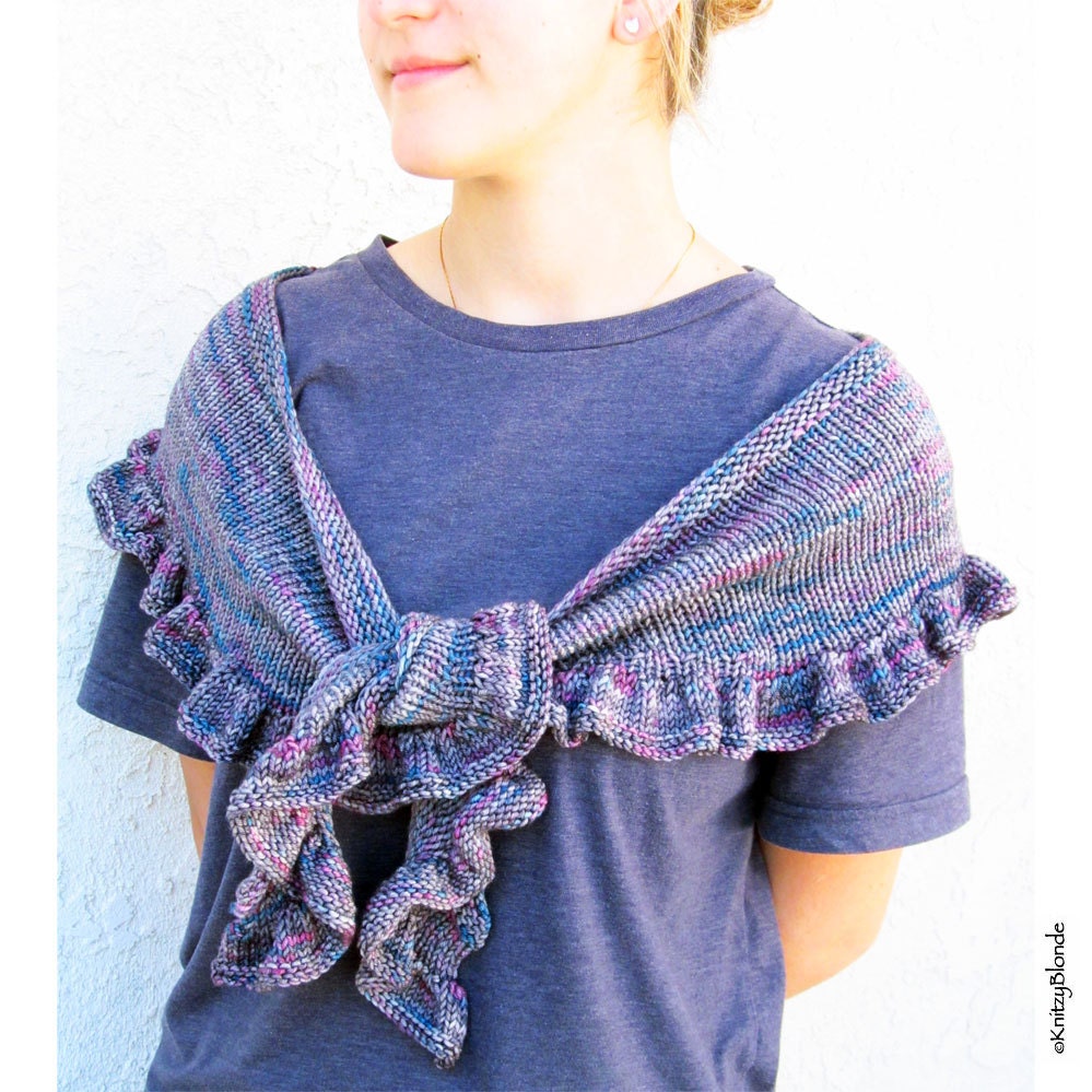 Ruffle Scarf Shawl Shawlette, Hand Knit Merino Wool, Charcoal Gray Grey Plum Teal, Hand Dyed Yarn